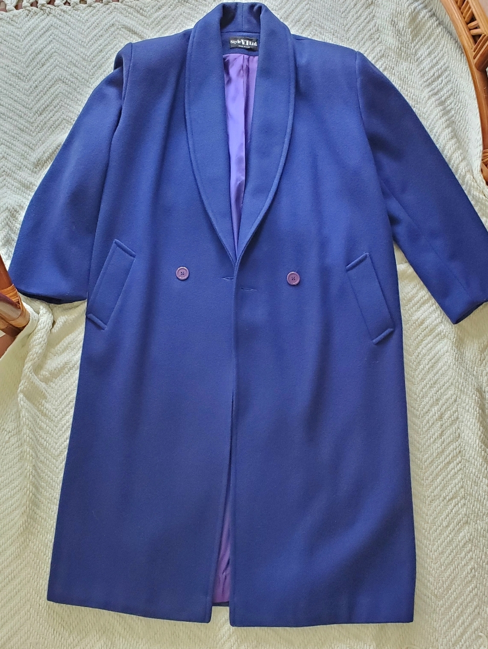 Vintage 80s Colbalt Blue 100% Wool Long Coat, Full Length Overcoat Made In USA - Picture 7 of 15
